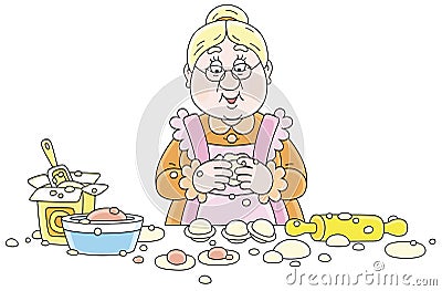 Granny cooking homemade meat dumplings Vector Illustration