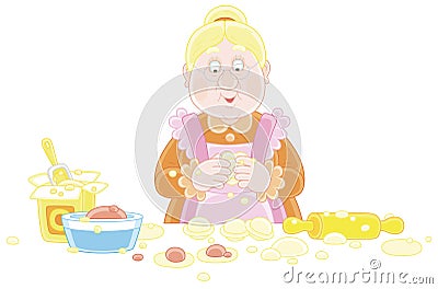 Granny cooking homemade meat dumplings Vector Illustration