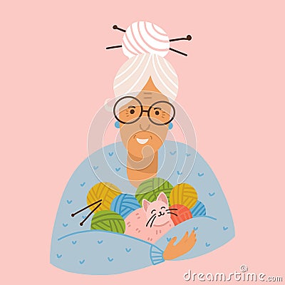 Granny doing knitwork. The gray-haired grandmother holds in her hands a lot of clews and a cat. Vector Illustration isolated on Stock Photo