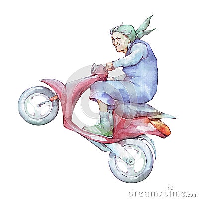 Granny driving scooter illustration Cartoon Illustration
