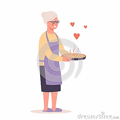 Granny in glasses holding a berry pie Vector Illustration