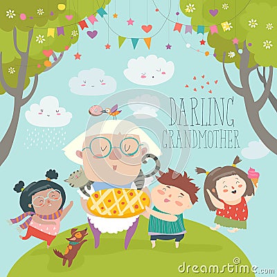 Granny and her grandchildren with cake Vector Illustration