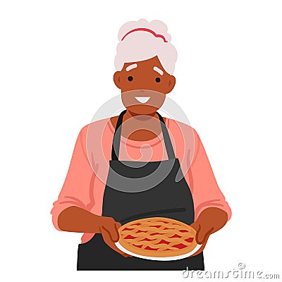 Granny Holds Freshly Baked Pie In Her Hands, Its Golden Crust And Aromatic Filling A Testament To Her Culinary Mastery Vector Illustration