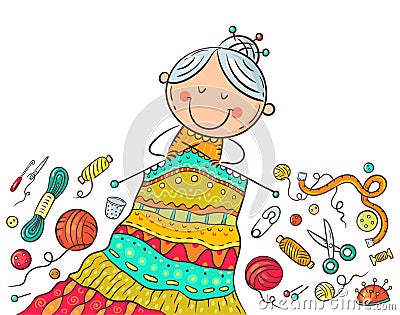 Granny knitting, crafting or handmade concept, cartoon illustration Vector Illustration