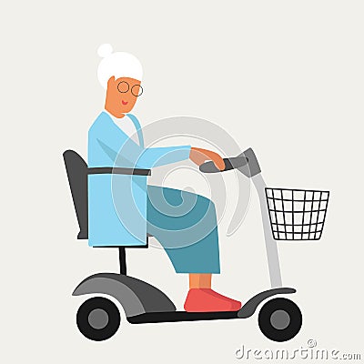 Granny old woman on wheelchair electric scooter in flat style. Happy retirement for disabled people. Stop ageism. Active Vector Illustration