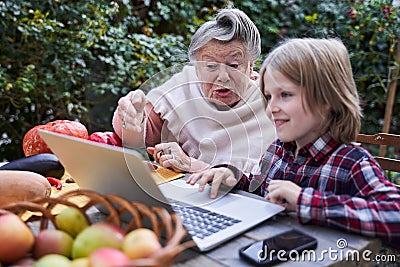 Granny showing at the laptop Stock Photo