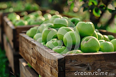 Granny Smith apples in wooden crate at market Stock Photo