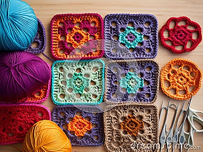 Granny Square crochet patterns, contrasting colors and balls of yarn Stock Photo