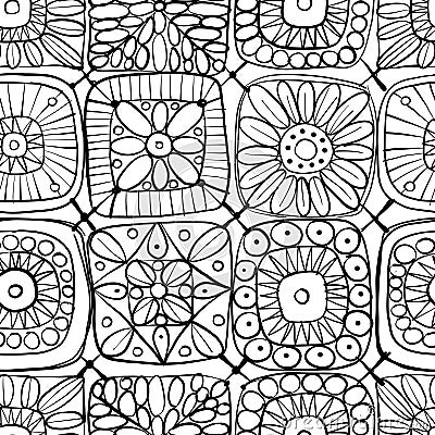 Granny square crochet. Seamless pattern background. Knitted wear. Folk art motif with flowers. Vector illustration Vector Illustration