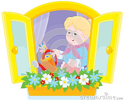 Granny watering flowers Vector Illustration