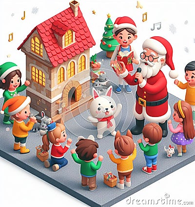 granny wear santa claus costume telling christmas fairy tales to children near a castle Stock Photo