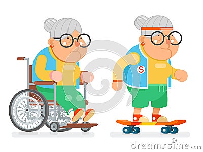 Granny Wheelchair Sports Healthy Active Lifestyle Age Skating Old Lady Character Cartoon Flat Design Vector illustration Vector Illustration