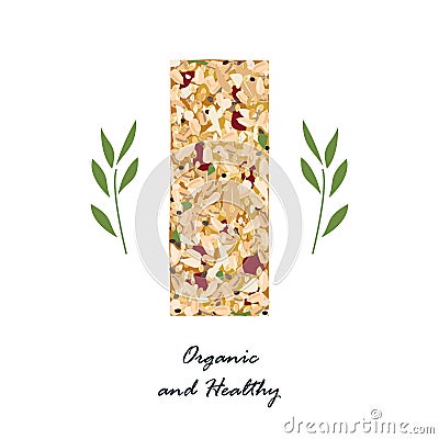 Granola bar with flax, sezame, and sunflower seeds and with dried fruits isolated on white. Energy bar vector, organic Vector Illustration