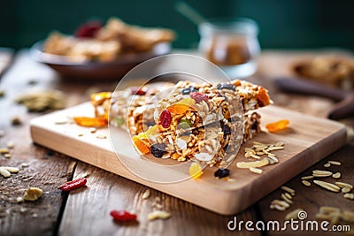 granola bars with dried fruit on wood surface Stock Photo