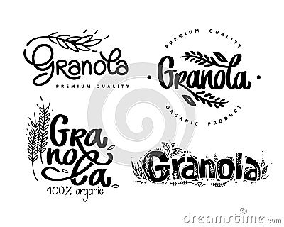 Granola logo set vector. Collection of lettering compositions with spikelets and decorative elements. Calligraphy. Food Stock Photo