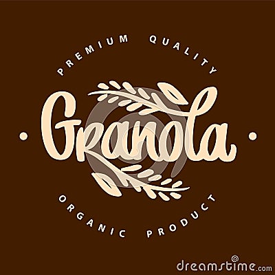 Granola logo vector. Organic product premium quality. Lettering with spikelets. Handwritten calligraphy. Healthy food Vector Illustration