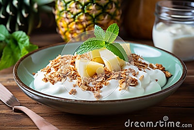 Granola in a plate with pineapple yogurt Stock Photo