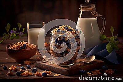 Granola with yoghurt and fresh blueberries in glass. Dessert parfait with berries for breakfast Stock Photo