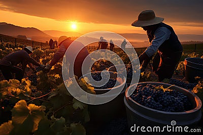 Grape Harvest At Sunrise Vineyard Workers Collecting Grapes. Generative AI Stock Photo