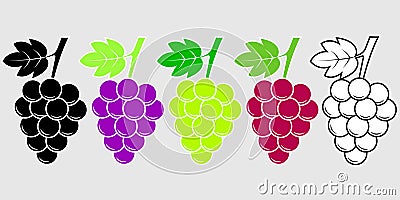 Grape icon set, black and color version of different grape types. Wine symbol vector illustration. Vector Illustration