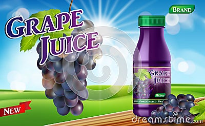 Grape juice bottle with bokeh background on wooden table. Juice container package ad. 3d realistic grape Vector Vector Illustration