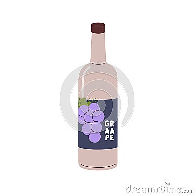 Grape juice, fruit drink in bottle. Cold summer beverage, refreshing lemonade. Healthy natural flavored juicy Vector Illustration
