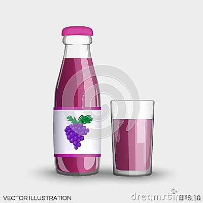 Grape juice in a transparent glass bottle isolated Cartoon Illustration