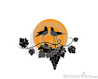 Grape illustration. Branch with grape silhouette on sunset Vector Illustration