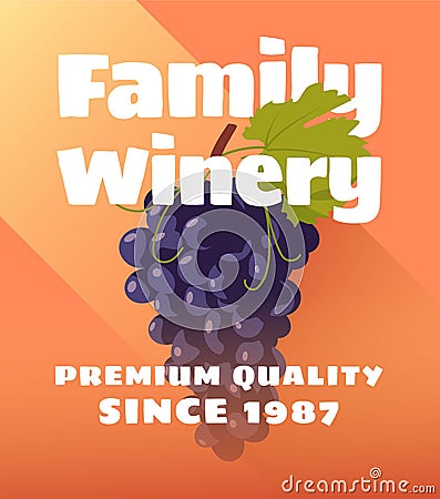 Grape poster. Advertising of a wine company. Orange background. Cartoon Illustration