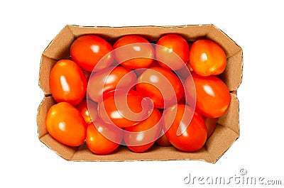 Grape tomatoes, red cocktail tomatoes in a cardboard tray Stock Photo