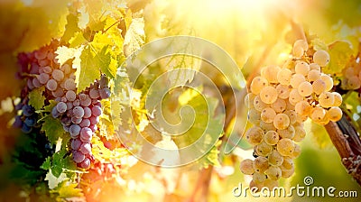 Grape - white and red grapes Riesling wine grape on vines, on grapevine in vineyard Stock Photo