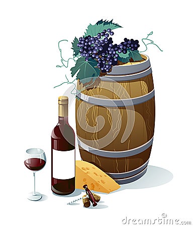 Grape, wine bottle, wineglass vector illustration. Vector Illustration