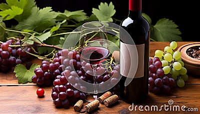 Grape wine, winery wood, food, alcohol, wine bottle generated by AI Stock Photo