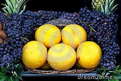 Grapefruit and black grapes Stock Photo