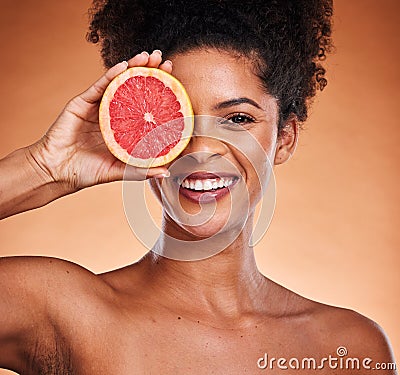 Grapefruit, black woman and beauty, skincare and wellness, healthy body and vitamin c, natural cosmetics and afro on Stock Photo