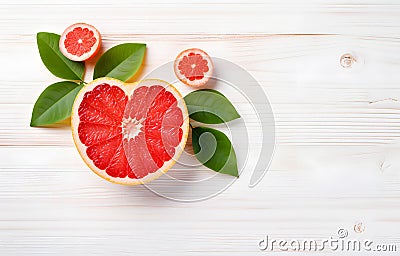 grapefruit fruit slice heart shape and leaves on white wooden table top view Stock Photo