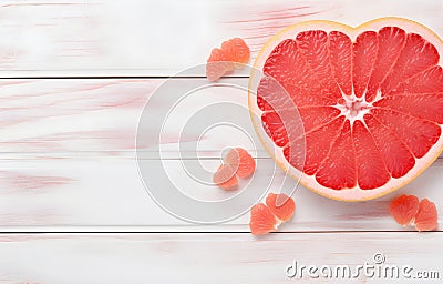 grapefruit fruit slice heart shape on white wooden table top view Stock Photo