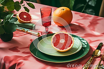 grapefruit on a green plate on a pink tablecloth Stock Photo