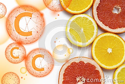 Grapefruit and lemon slices on white background. Tropical bright juicy fruit vegetarian healthy dietary supplement of Stock Photo