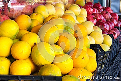 Grapefruit and pomegranate fruit background. Citrus group. Market place in Istanbul Stock Photo