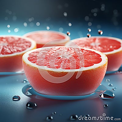 Grapefruit slices with water drops on blue background. 3d illustration Cartoon Illustration