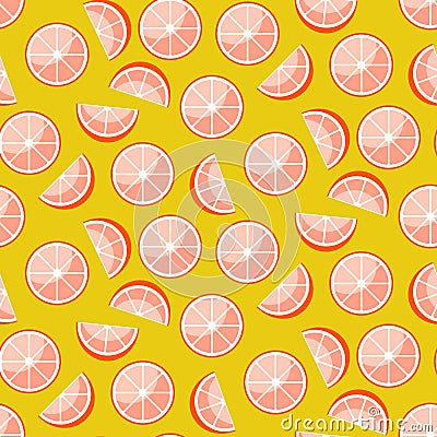 Grapefruit slices on yellow background. Citrus seamless vector pattern. Vector Illustration