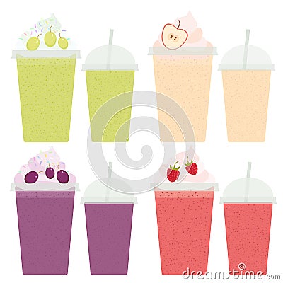 Grapes Apple Raspberry Take-out smoothie transparent plastic cup with straw and whipped cream. Isolated on white background. Vector Illustration