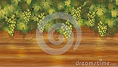 Grapes banner with wooden background Vector Illustration