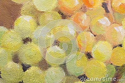 Grapes on canvas, real oil painting of green grapes close up Stock Photo