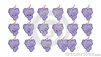 Grapes cute kawaii mascot. Set kawaii food faces Vector Illustration