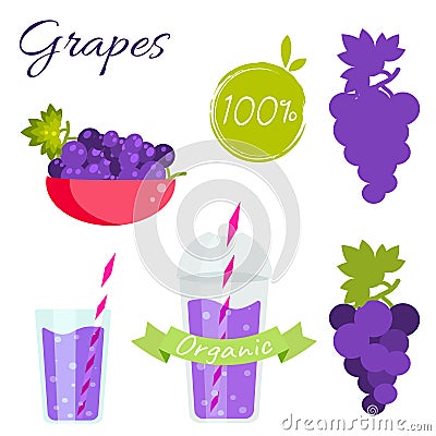 Grapes fruit and juice vector set. Vector Illustration
