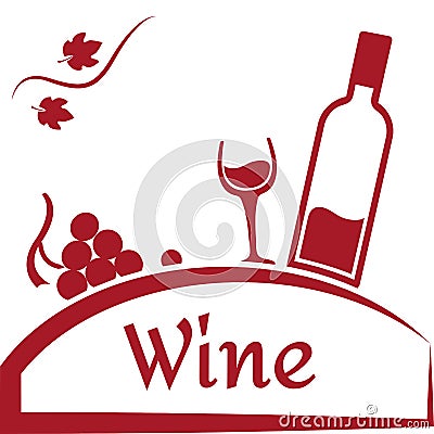 Grapes, glass and bottle of wine. Wine logo design. Red brand for wine company or winery. Vector Cartoon Illustration