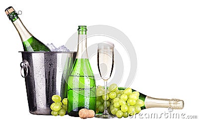 Grapes, ice bucket with champagne isolated Stock Photo