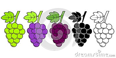 Grapes icon set, red, white and monochrome. Different grape vine types. Wine logo art, isolated cartoon vector Vector Illustration